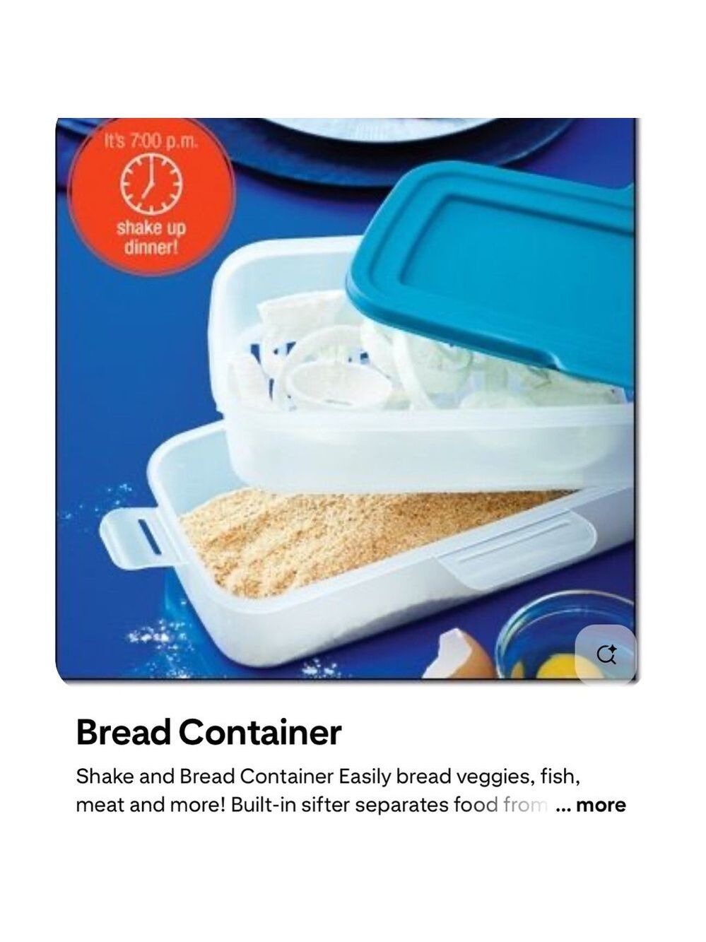 Avon shake and bread container for breading fish and meat and vegetables